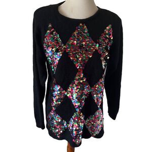 Gladys Bagley VTG 80s Sweater Med Sequin Argyle Silk Angora Blend Glam Holiday